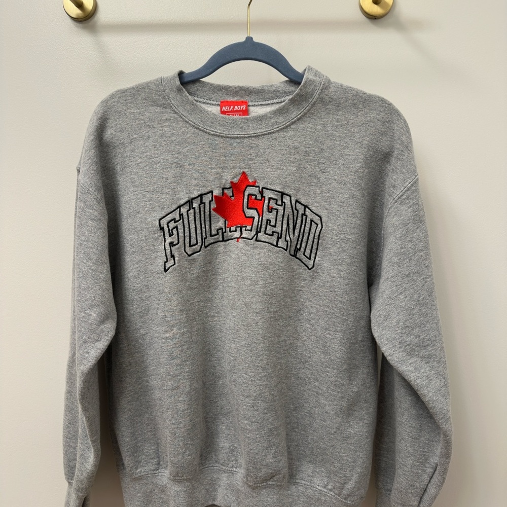 Full Send Nelk Boys Gray Crewneck Sweatshirt with Red Graphic Design